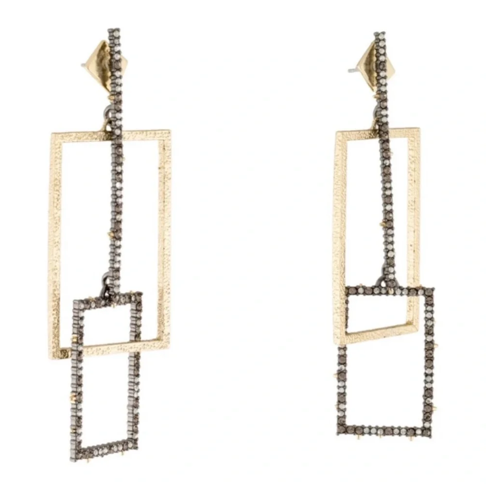 ALEXIS BITTAR • Gold & Gunmetal Brutalist Steampunk Link Crystal Drop Earrings - Picture 3 of 7